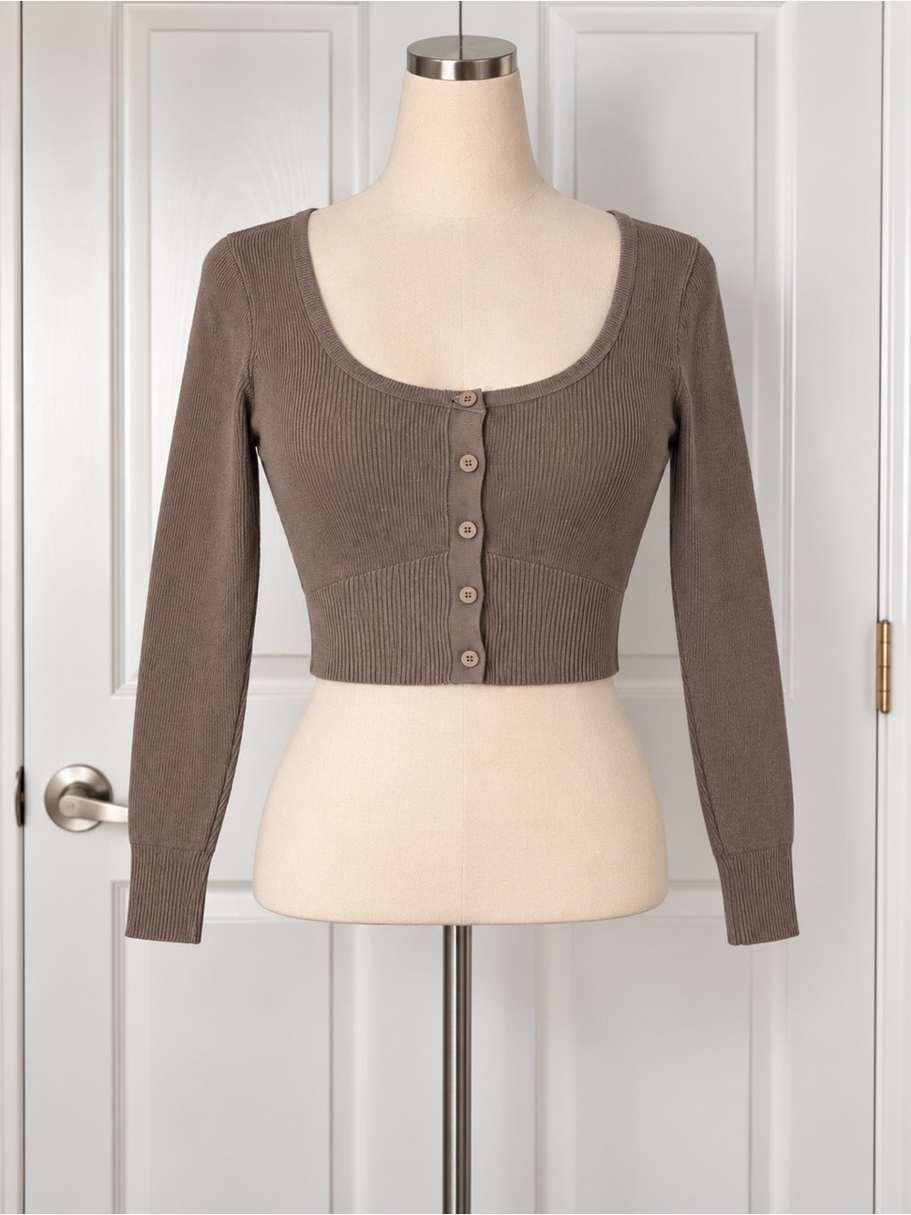 Freshman 1996 Taupe Rib-Knit Button-Front Scoop Neck Cardigan Sweater Women's M